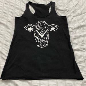 Black Graphic Cow Design Racerback Tank Top